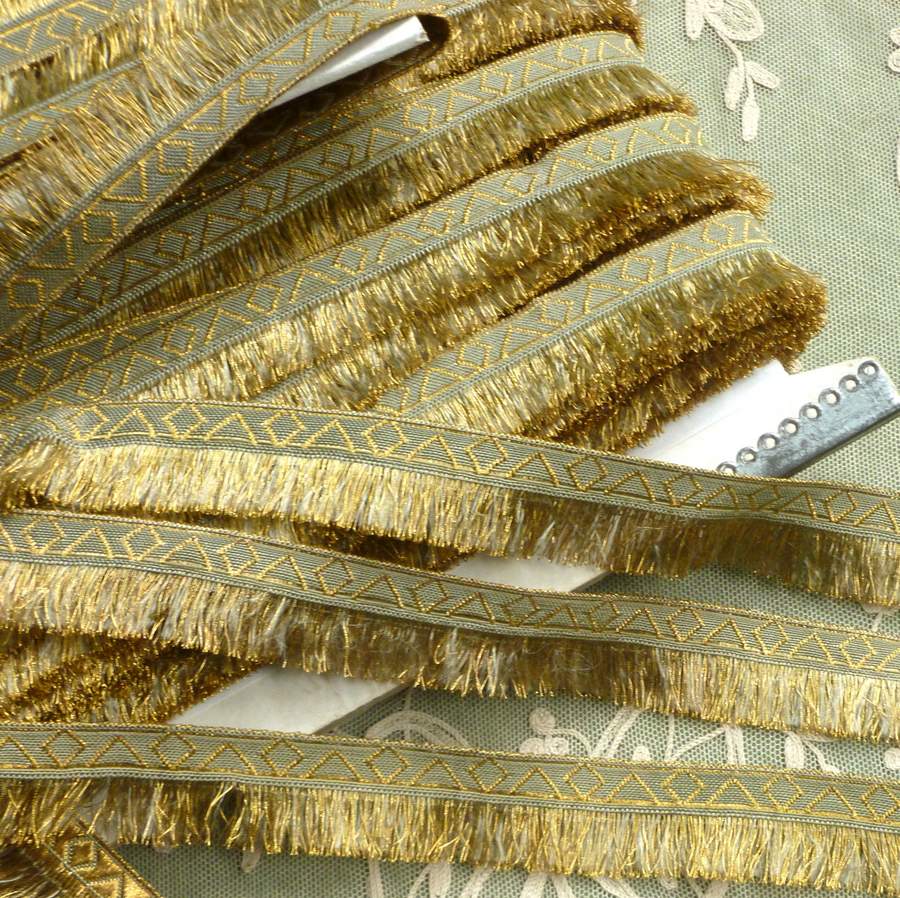 Antique French Gold Metal & Sage Green Woven Trim With Fringe