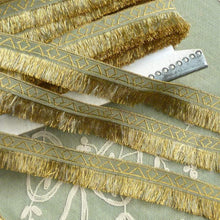 Load image into Gallery viewer, Antique French Gold Metal &amp; Sage Green Woven Trim With Fringe