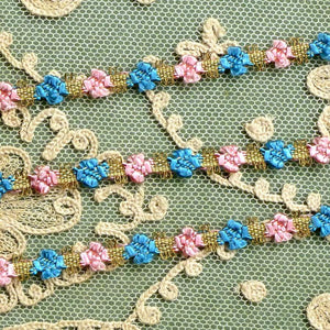  Antique French Rococo Pink & Blue Floss and Gold Metal Trim      12 Inches