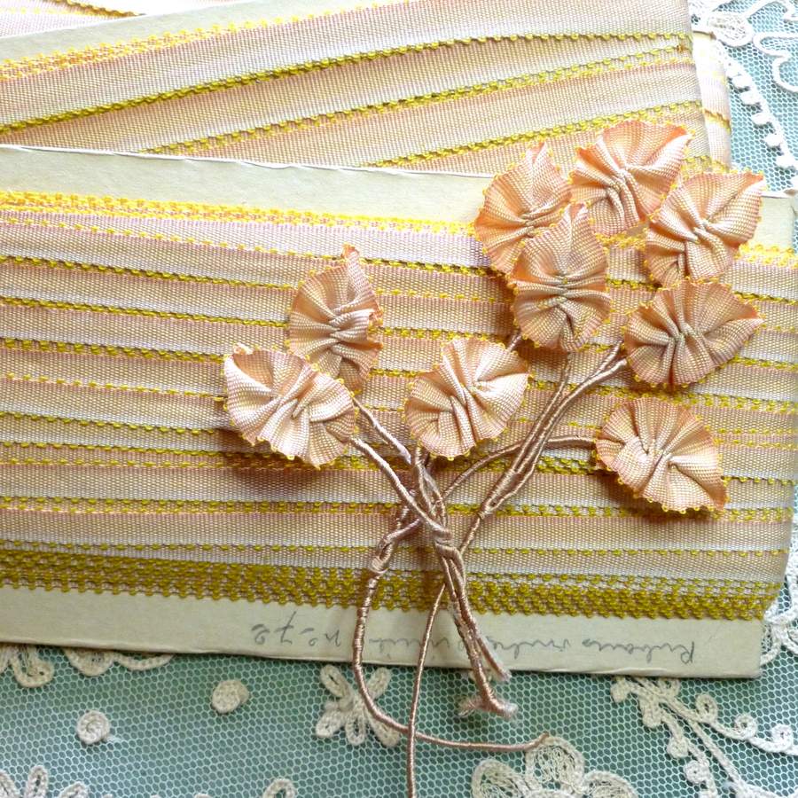 French Picot Ombre Antique Ribbon in Apricot Pink With Yellow Picots