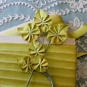 Circa 1920′s SILK French Picot Ombre Ribbons Golden Moss Olive