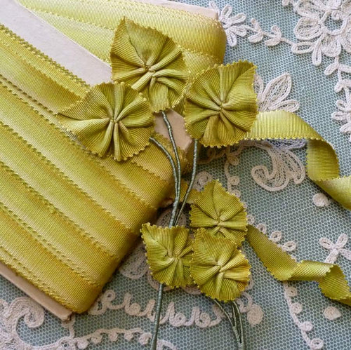 Circa 1920′s SILK French Picot Ombre Ribbons Golden Moss Olive