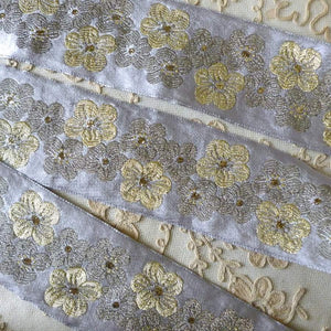 Vintage French Brocade Silver Grey With Golden Cherry Blossoms