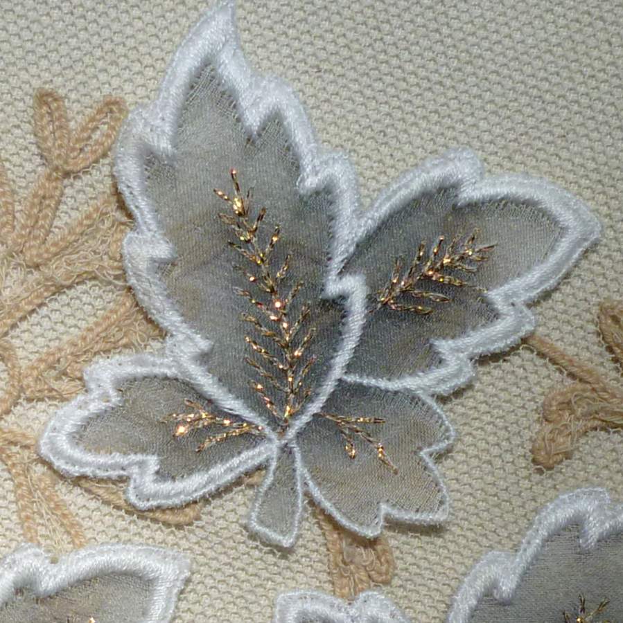 Swiss Embroidered Cotton Organdy Leaves Gold Tinsel Detail