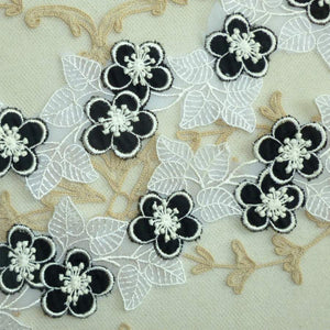 Vintage Swiss Embroidered Organza Petaled Black Layered Flowers Lacy Leaves
