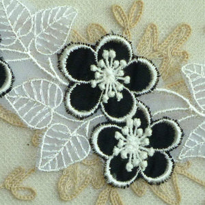 Vintage Swiss Embroidered Organza Petaled Black Layered Flowers Lacy Leaves