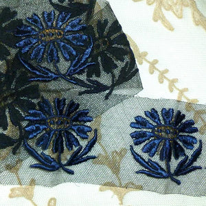 Embroidered Flowers on Black Net Antique Appliques
