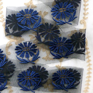 Embroidered Flowers on Black Net With Gold Metal Threads