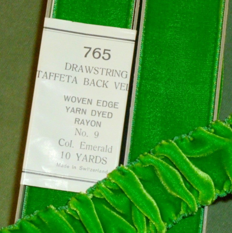 Emerald Green Velvet Vintage Ribbon - Taffeta Back Drawstring