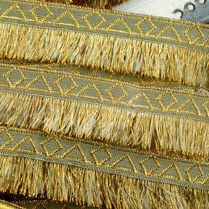 Antique French Gold Metal & Sage Green Woven Trim With Fringe