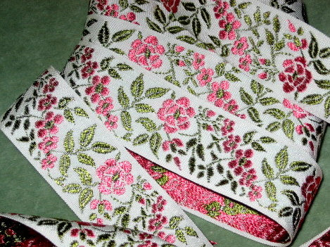 Vintage woven floral ribbon pink roses